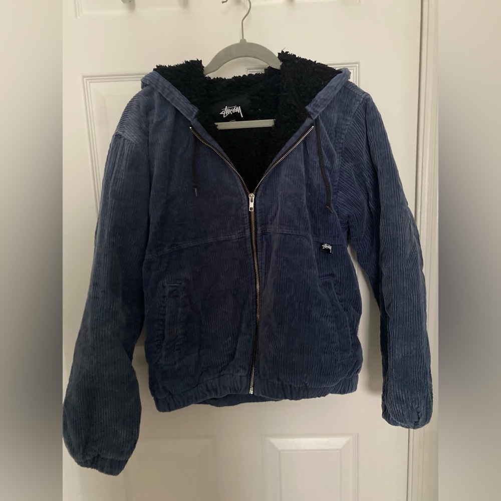 Stussy Vintage Blue Corduroy Bomber with Hood. Black wool interior. Zip up.